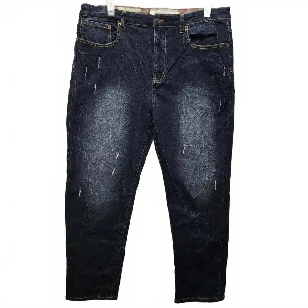 Frye And Co. Men's Straight Leg Dark Wash Distressed Whiskered Jeans Size 38X30